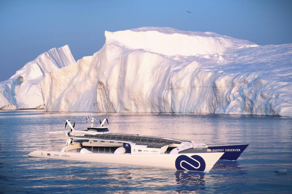 This computer image provided by Energy Observer, shows the Energy Observer boat, which is powered solely by renewable energies and hydrogen. The first self-sufficient boat only powered by emission-free energy will start a six-year trip around the world next spring. (Energy Observer via AP)