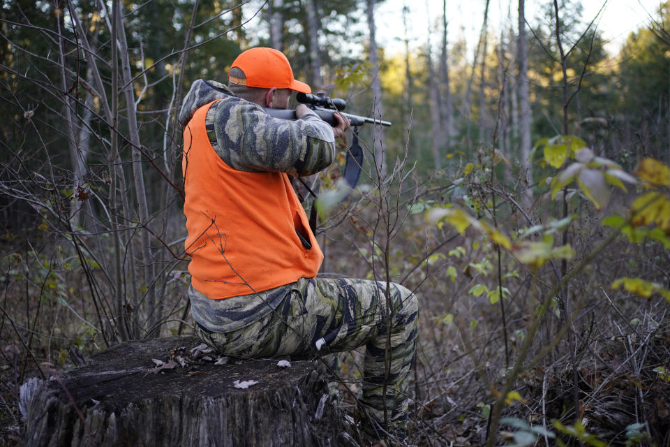 Jared Bornstein aims his rifle while deer hunting Saturday, Nov. 11, 2023, in Turner, Maine. (AP Photo/Robert F. Bukaty)