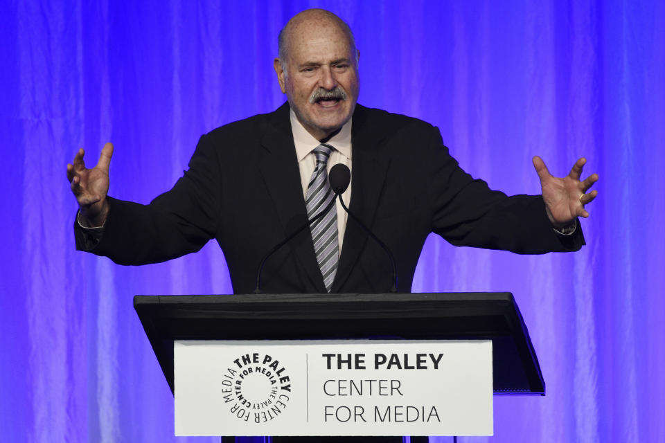 FILE - Rob Reiner addresses the crowd at "The Paley Honors: A Special Tribute to Television's Comedy Legends" on Nov. 21, 2019, in Beverly Hills, Calif. Reiner turns 75 on March 6. (Photo by Chris Pizzello/Invision/AP, File)