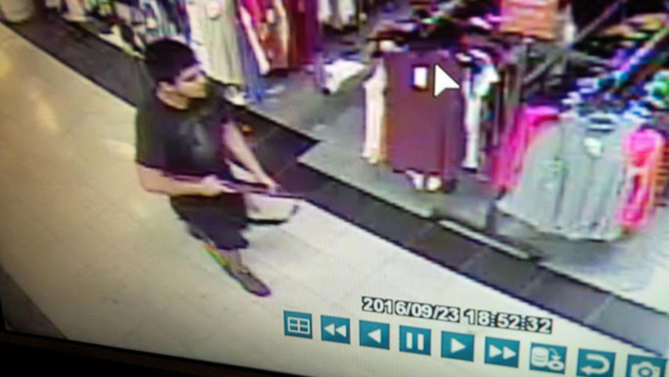 <p>This Friday, Sept. 23, 2016 frame from surveillance video provided by the Washington State Patrol shows the suspect in a shooting rampage at the Cascade Mall in Burlington, Wash., as authorities seek the public’s help in identifying and locating him. The weapon was recovered but the suspect remained at large early Saturday. (Washington State Patrol via AP) </p>