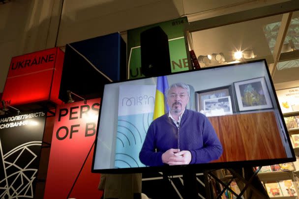 PHOTO: A recorded message of the Ukrainian Minister for Culture and Information Policy Oleksandr Tkachenko is played during the 23rd Frankfurt Book Fair at the Messe fairground in Frankfurt am Main, western Germany, on Oct.19, 2022. (Andre Pain/AFP via Getty Images)