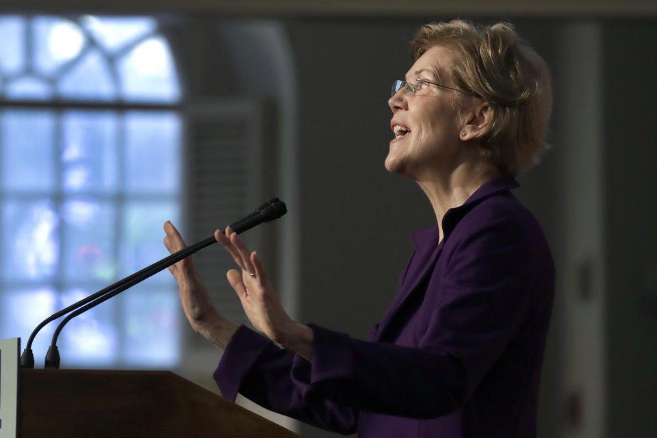 Democratic presidential candidate Sen. Elizabeth Warren, D-Mass., speaks during a campaign event at the Old South Meeting House, Friday, Dec. 31, 2019, in Boston. (AP Photo/Elise Amendola)