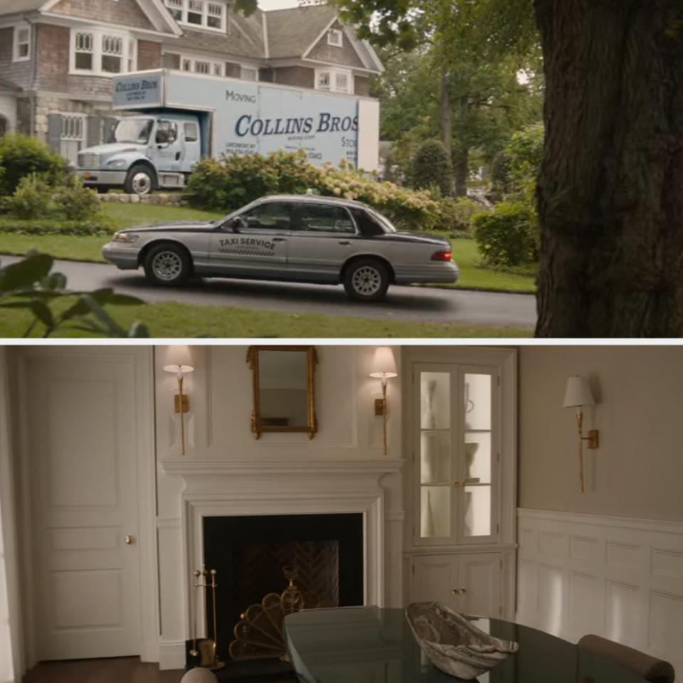 657 Boulevard in "The Watcher," showing a moving truck outside the house and a fireplace inside it