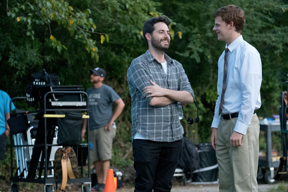 Writer Garrard Conley with Lucas Hedges on the set of Boy Erased