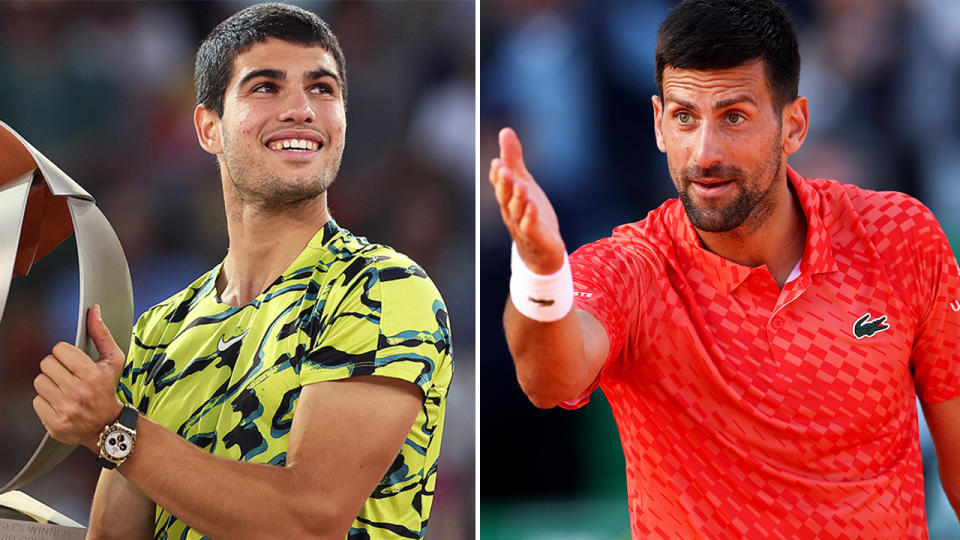 Carlos Alcaraz celebrates with the title and Novak Djokovic gestures to the crowd.