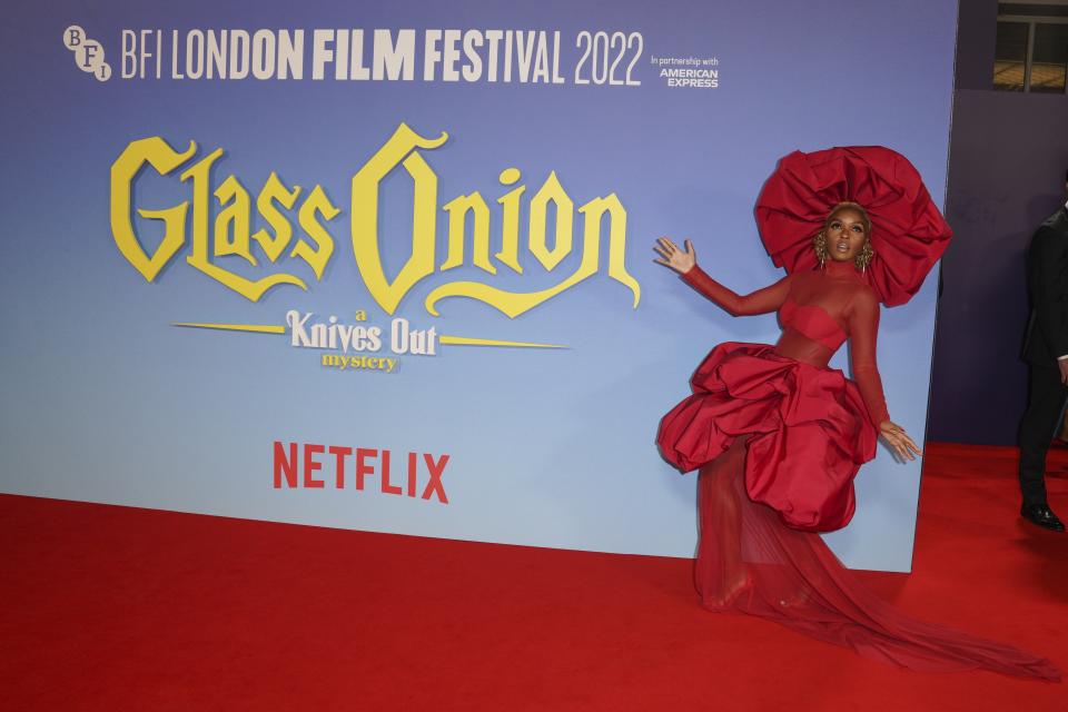 Janelle Monae poses for photographers upon arrival for the premiere of the film 'Glass Onion: A Knives Out Mystery' and the closing evening of the 2022 London Film Festival in London, Sunday, Oct. 16, 2022. (Photo by Scott Garfitt/Invision/AP)