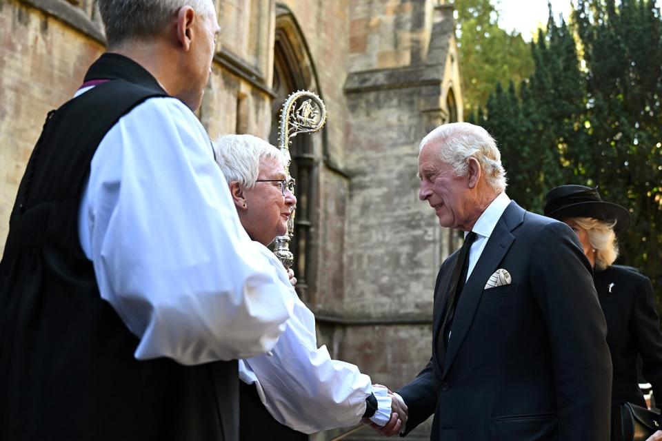 King Charles III and the Queen Consort arrive at Llandaff Cathedral in Cardiff, for a Service of Prayer and Reflection for the life of Queen Elizabeth II