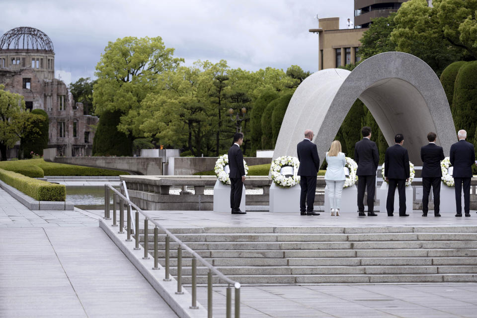 Leaders of the Group of Seven nations' meetings lay wreaths during a visit to the Peace Memorial Park as part of the G7 Leaders' Summit in Hiroshima, western Japan Friday, May 19, 2023. (Brendan Smialowski/Pool Photo via AP)