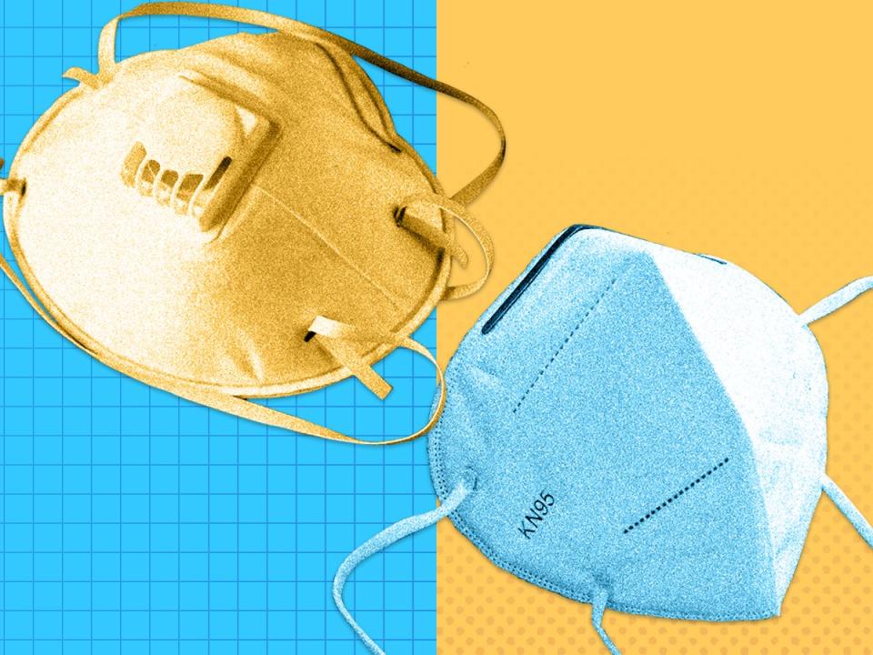 A N95 mask and a KN95 mask on a blue and yellow background.