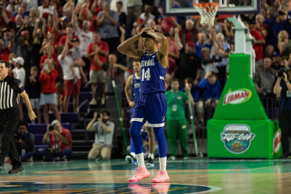 Seton Hall Pirates guard Jared Rhoden (14) gestures after the game against the Ohio State Buckeyes at Suncoast Credit Union Arena.