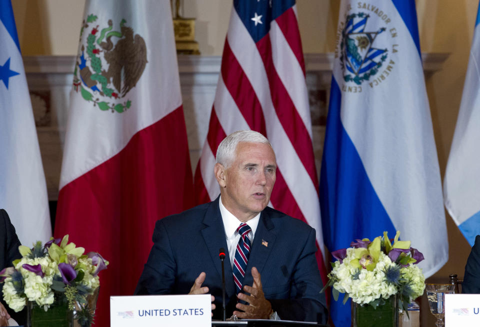 Vice President Mike Pence speaks during the second Conference for Prosperity and Security in Central America meeting at State Department on Thursday, Oct. 11, 2018, in Washington. (AP Photo/Jose Luis Magana)