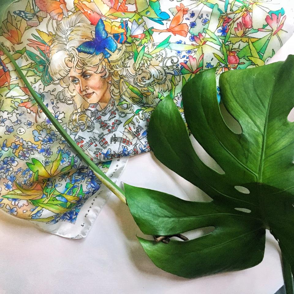 Appalachian Primavera silk scarf featuring Dolly Parton and wildflowers by A.E. Rochelle.