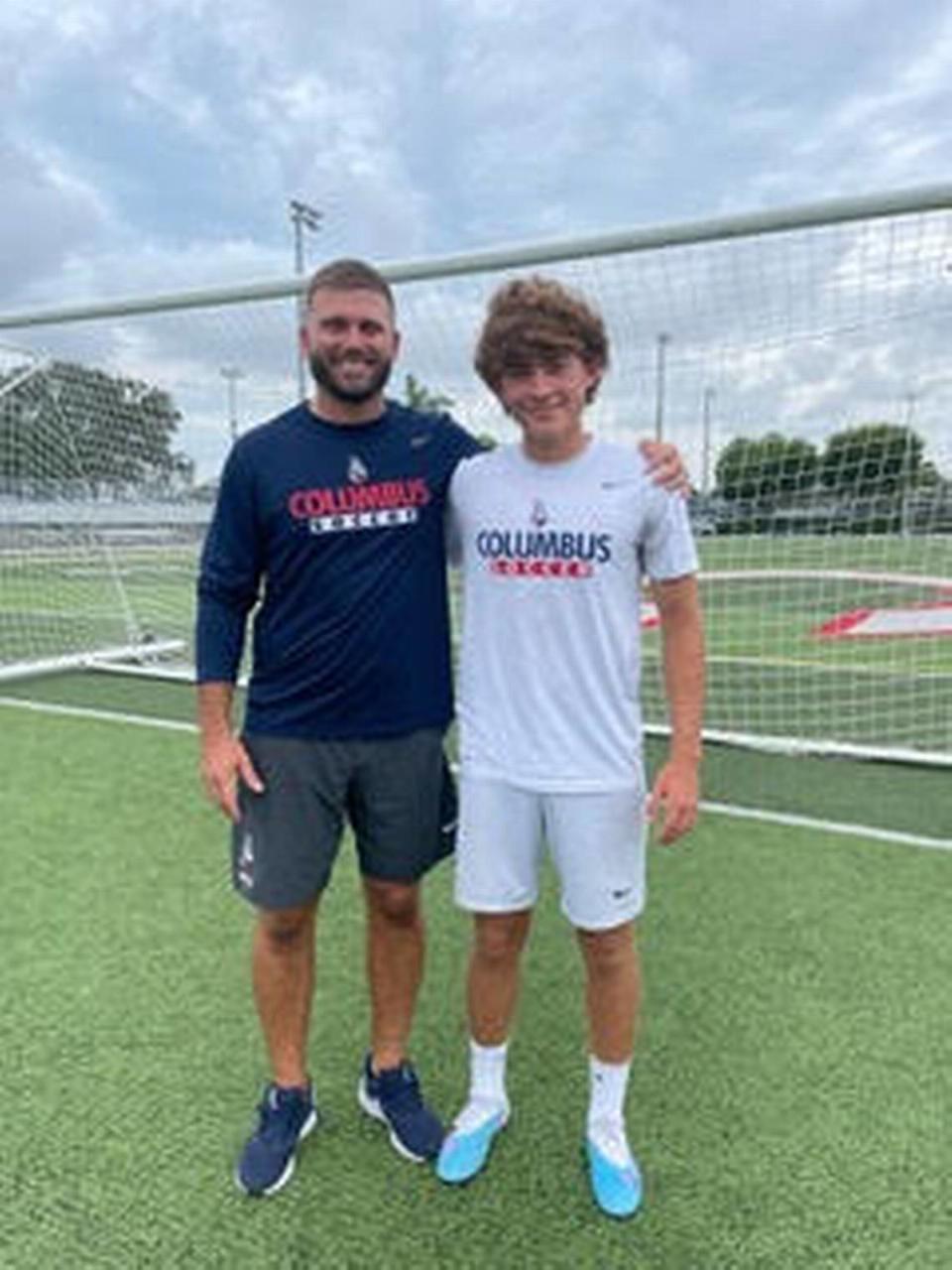 Columbus soccer standout Cristian Ortiz (right), seen here with Explorers soccer coach Kameron Clark (left) recently earned an opportunity to train and play for Inter Miami’s U19 squad.