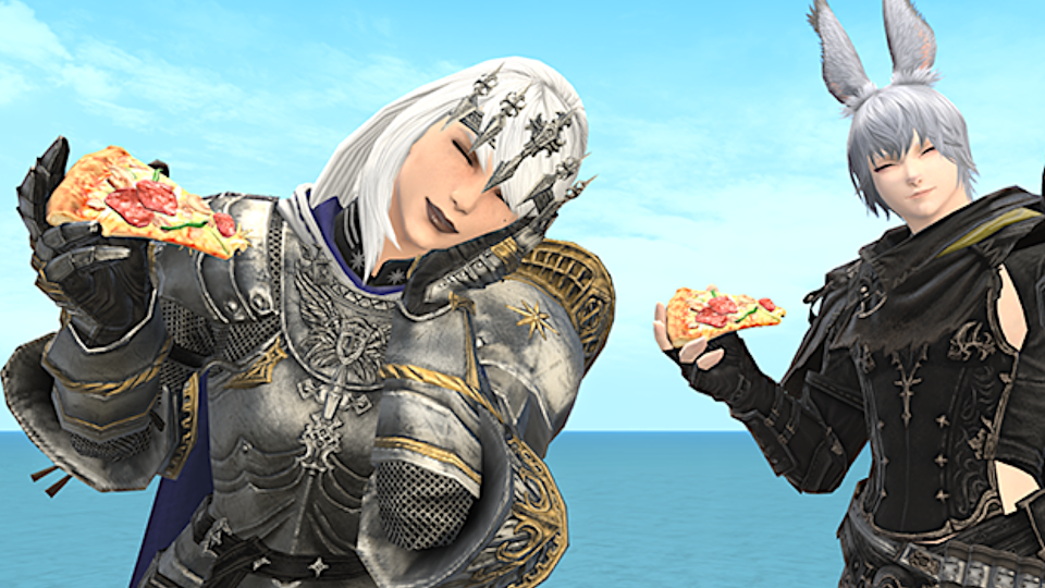 An image of two characters from Final Fantasy 14 eating pizza, and looking very pleased about it.