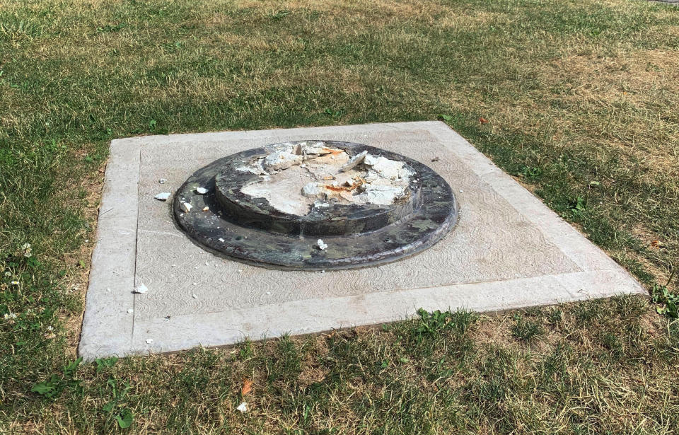 The remnants of a Frederick Douglass statue that was ripped from its base at a park in Rochester, New York. (Photo: ASSOCIATED PRESS)