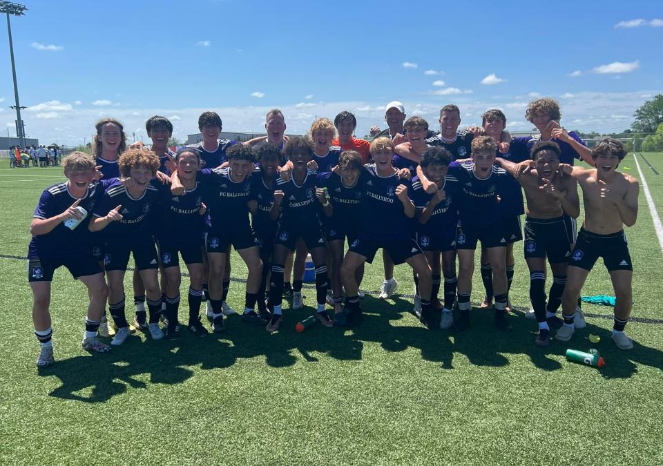 The York-based FC Ballyhoo 07 Black soccer team celebrates after winning the final of the U.S. Youth Soccer U16 National Presidents Cup in Wichita Tuesday.