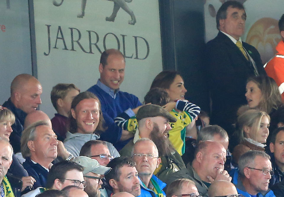 NORWICH, ENGLAND - OCTOBER 05: Prince George of Cambridge,  Prince William, Duke of Cambridge and Catherine, Duchess of Cambridge are seen in the stands during the Premier League match between Norwich City and Aston Villa at Carrow Road on October 05, 2019 in Norwich, United Kingdom. (Photo by Stephen Pond/Getty Images)