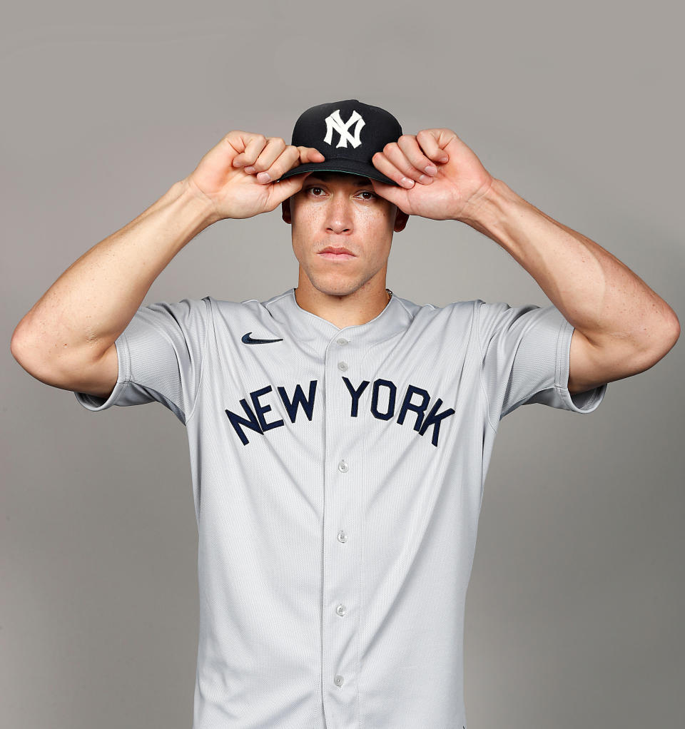 Aaron Judge models the New York Yankees uniform for the 2021 MLB Field of Dreams Game. (MLB/New York Yankees)