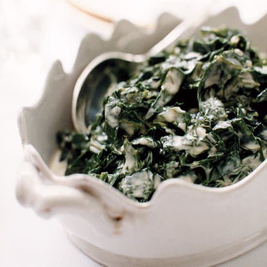 <p>This is Allison and Slade Rushing’s Southern interpretation of French creamed spinach. The collards add a pleasant bitterness to this lush side dish, but it’s important to shred them finely before you simmer them in the cream or they’ll never get tender.</p><p><a href="https://www.foodandwine.com/recipes/creamed-collard-greens" rel="nofollow noopener" target="_blank" data-ylk="slk:GO TO RECIPE;elm:context_link;itc:0;sec:content-canvas" class="link ">GO TO RECIPE</a></p>