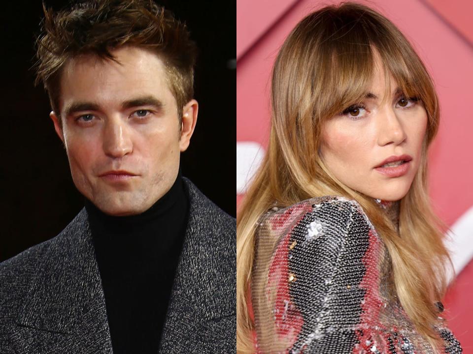 On the left: Robert Pattinson in February 2022. On the right: Suki Waterhouse in December 2022.