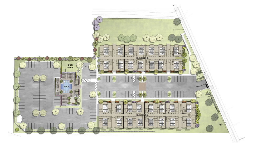 Overhead preview of how the incoming community at 6225 Mobile Hwy will be arranged.