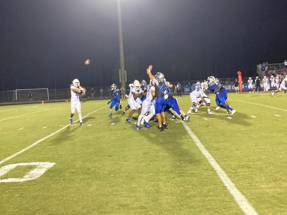 IMG Academy's Jayden Bradford throws a pass against Bartram Trail in a high school football game on October 6, 2023. [Ward Clayton/For the St. Augustine Record]