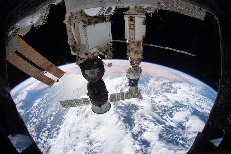 In this Dec. 6, 2021 photo, the International Space Station orbited 264 miles above the Tyrrhenian Sea with the Soyuz MS-19 crew ship docked to the Rassvet module and the Prichal module, still attached to the Progress delivery craft, docked to the Nauka multipurpose module.