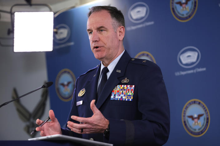 Pentagon Press Secretary Brig. Gen. Pat Ryder in uniform, with an array of awards, at the microphone.