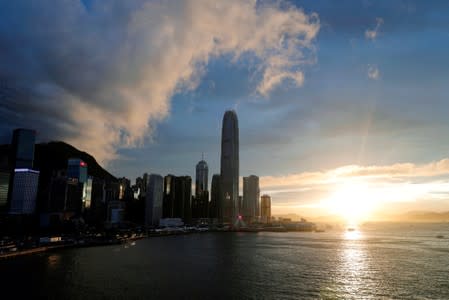 Skyscrapers at Hong Kong's central business district are seen during sunset