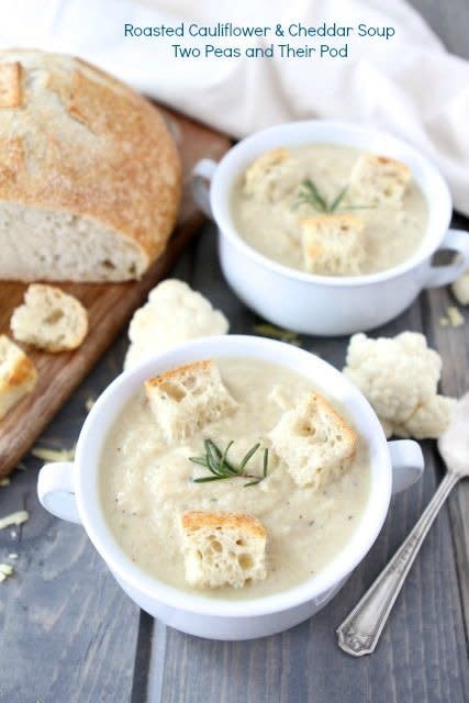 <strong>Get the <a href="http://www.twopeasandtheirpod.com/roasted-cauliflower-cheddar-soup/" target="_blank">Roasted Cauliflower & Cheddar Soup Recipe</a> by Two Peas & Their Pod</strong>