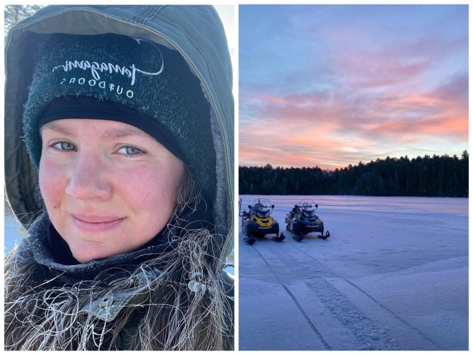 On the left, Dominique. On the right, a snowy landscape.