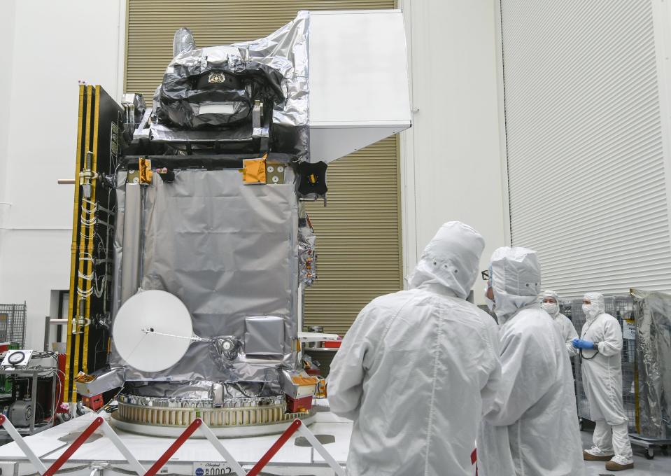 Members of the media get a closer look at NASA’s PACE (Plankton, Aerosol, Cloud ocean Ecosystem) satellite at Astrotech in Titusville, FL January 3, 2024. The satellite is scheduled to launch no earlier than Feb. 6 aboard a Falcon 9 rocket. Craig Bailey/FLORIDA TODAY via USA TODAY NETWORK