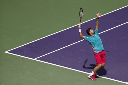 Mar 25, 2017; Miami, FL, USA; Stan Wawrinka of Switzerland serves against Horacio Zeballos of Argentina (not pictured) on day five of the 2017 Miami Open at Crandon Park Tennis Center. Wawrinka won 6-3, 6-4. Mandatory Credit: Geoff Burke-USA TODAY Sports