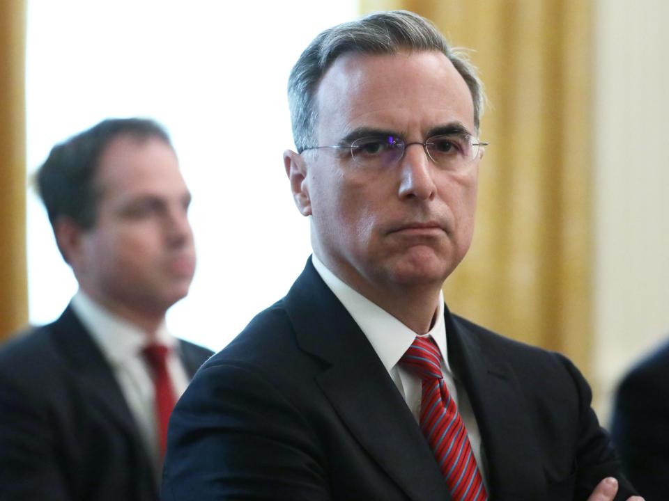 White House Counsel Pat Cipollone (R) waits for the beginning of a cabinet meeting in the East Room of the White House on May 19, 2020 in Washington, DC. Earlier in the day President Trump met with members of the Senate GOP.