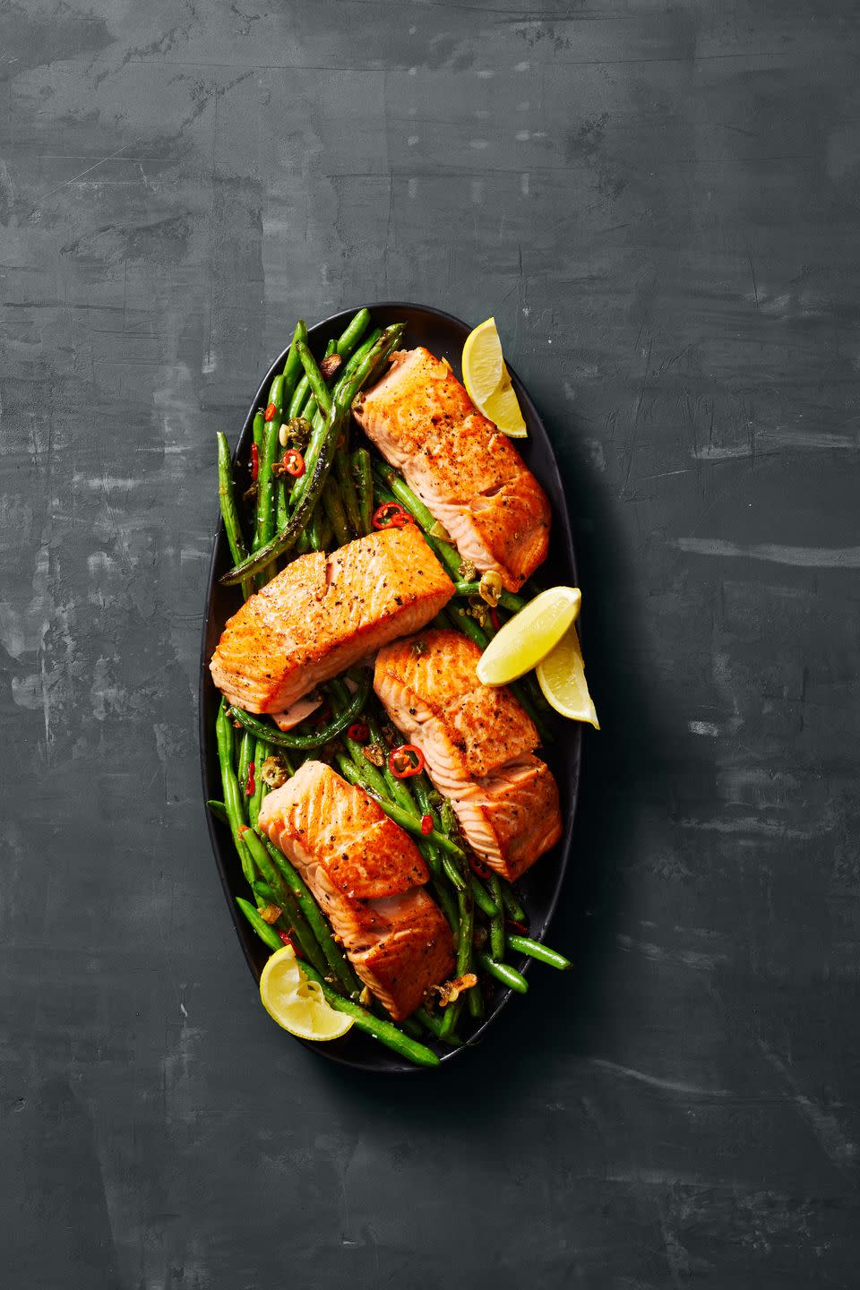 five ingredient seared salmon with charred green beans