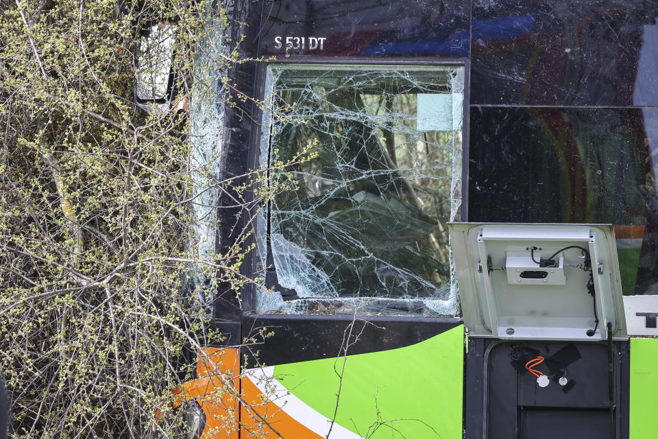 A view of the bus at the scene of the accident on the A9, near Schkeuditz, Germany, Wednesday March 27. 2024. (Jan Woitas/dpa via AP)