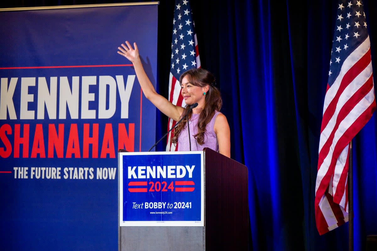 RFK Jr’s running mate, Nicole Shanahan speaks to attendees during a campaign rally in Austin, Texas (Getty Images)