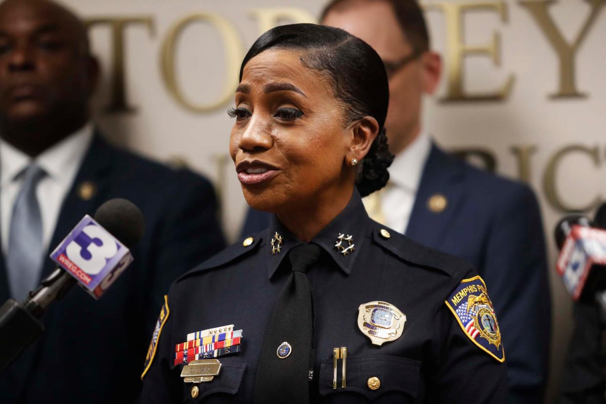 Memphis Police Department Chief Cerelyn “CJ” Davis can be seen speaking about results from their targeted crime reduction operation during a press conference involving federal and local partners on Friday, October 20, 2023 at the U.S. Attorney’s Office in Downtown Memphis, Tenn.