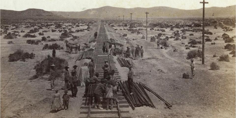 Chinese railroad workers were often left off the official story. Here, they construct a section of the First Transcontinental Railroad on the Humboldt Plains of Nevada. Archival research by Gordon Chang. <a href="http://creativecommons.org/licenses/by/4.0/" rel="nofollow noopener" target="_blank" data-ylk="slk:CC BY;elm:context_link;itc:0;sec:content-canvas" class="link ">CC BY</a>