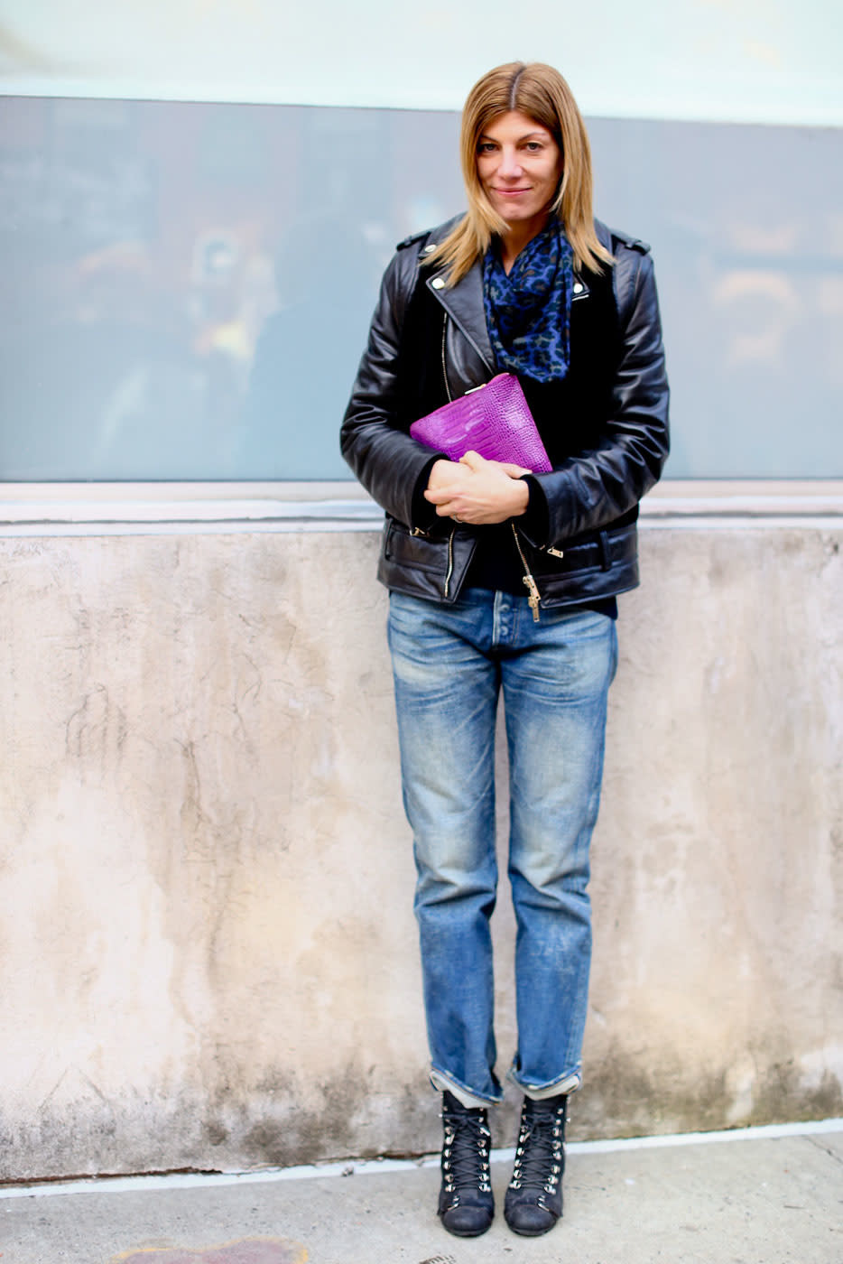 baggy jeans styled with leather jacket