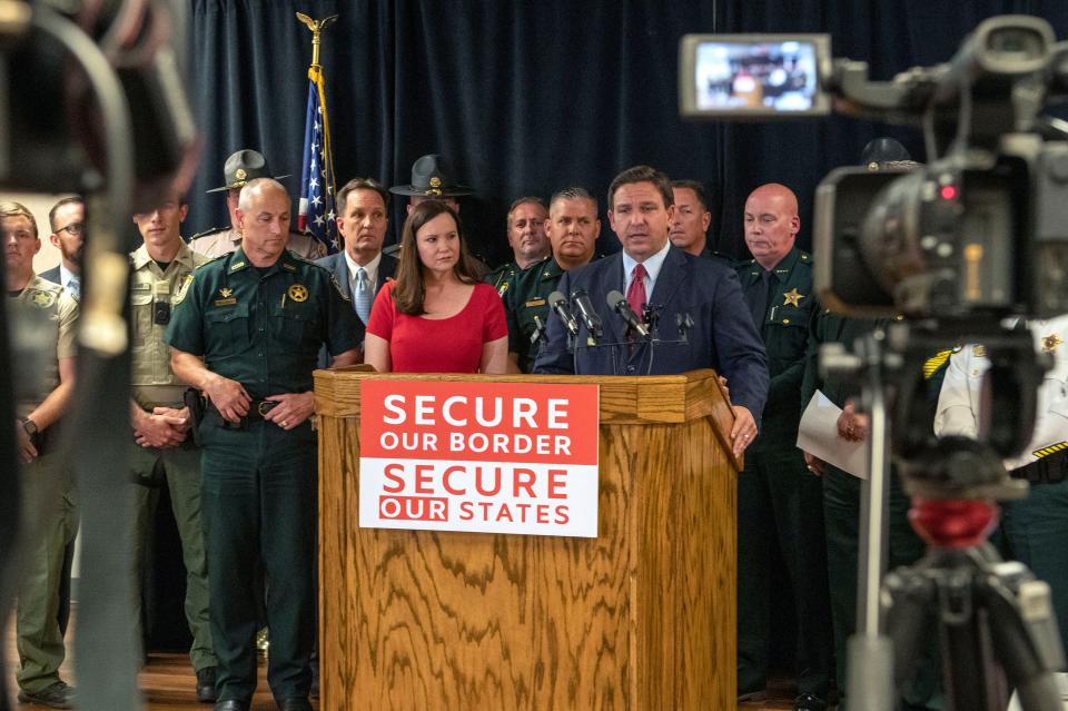 Gov. Ron DeSantis speaks to the press during his "Secure Our Border, Secure Our States" press conference Wednesday, June 16, 2021, at the Escambia County Sheriff's Office in Pensacola.