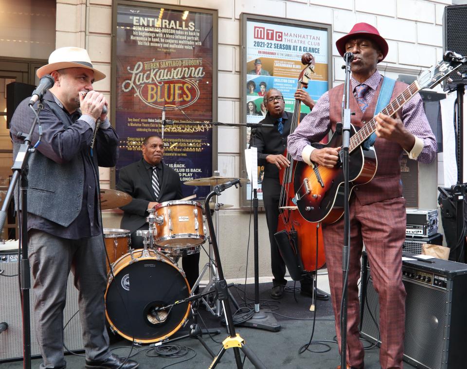 Nanny’s Band (Ayode Maakheru on vocals/guitar, Booker King on bass, Barry Harrison on drums, Matthew Skoller on harmonica) plays outside the theater before the first performance of "Lackawanna Blues" on Sept. 14, 2021.