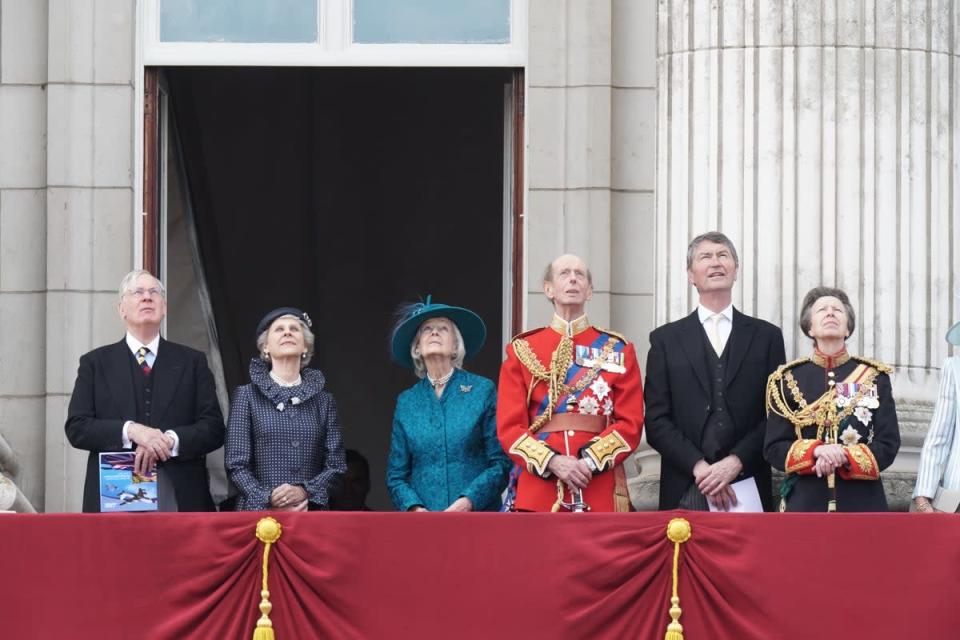 The Duke of Gloucester, Duchess of Gloucester, Princess Alexandra, Duke of Kent, Vice Admiral Sir Tim Laurence and the Princess Royal, on the balcony of Buckingham Palace (Aaron Chown/PA) (PA Wire)
