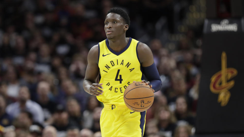 Indiana Pacers’ Victor Oladipo drives against the Cleveland Cavaliers in the second half of Game 1 of an NBA basketball first-round playoff series, Sunday, April 15, 2018, in Cleveland. (AP Photo/Tony Dejak)