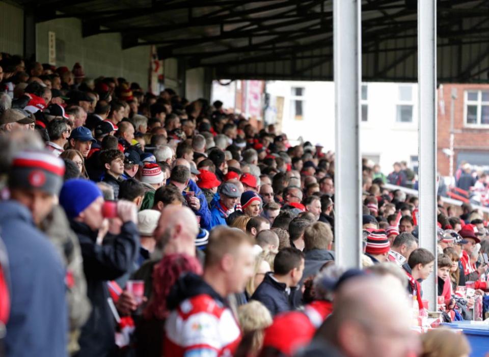 GLOUCESTER, ENGLAND - APRIL 28: Fans in The Shed an hour before the Aviva Premiership match between Gloucester Rugby and Bath Rugby at Kingsholm Stadium on April 28, 2018 in Gloucester, England. (Photo by Henry Browne/Getty Images)