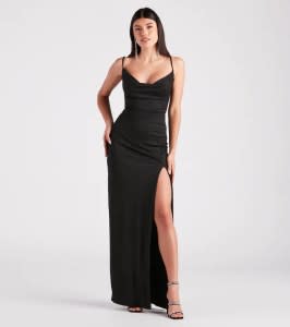 Shelly High Slit Glitter Knit Formal Dress