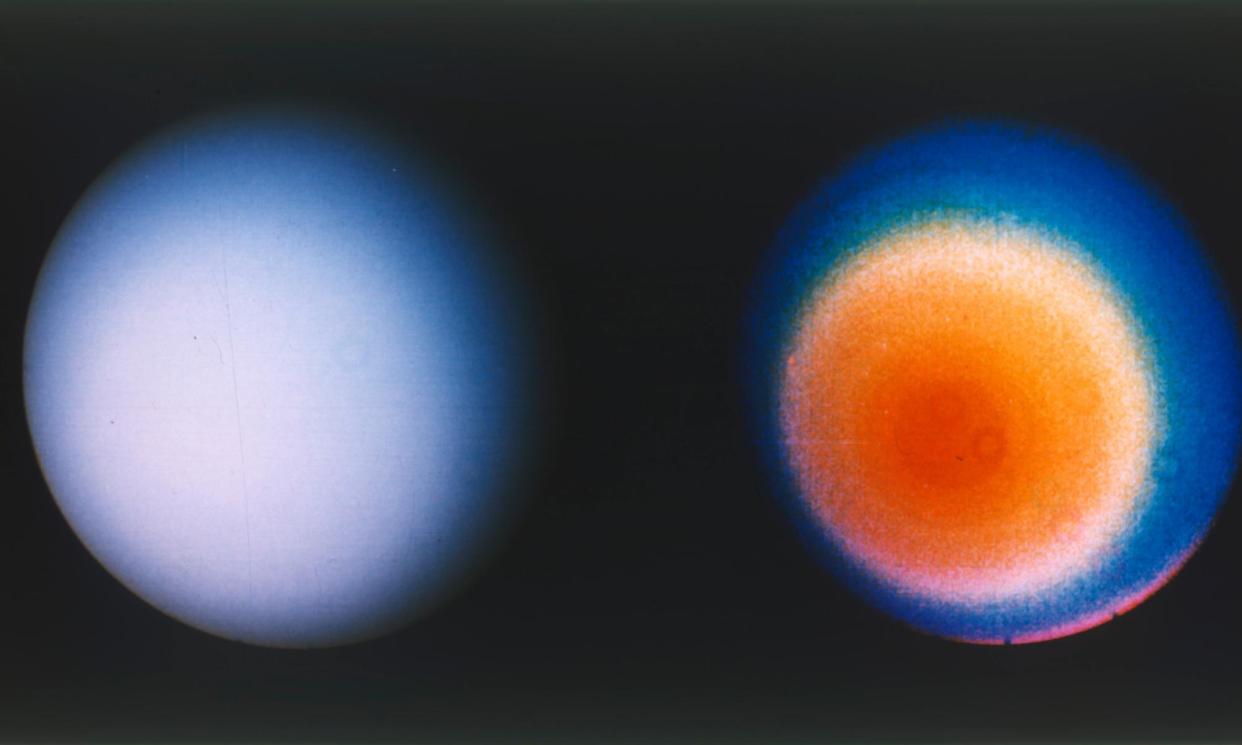 <span>Uranus, seen from the Voyager 2 spacecraft, 1980s. One image is in true colour and the other in false colour. </span><span>Photograph: Heritage Images/Getty Images</span>