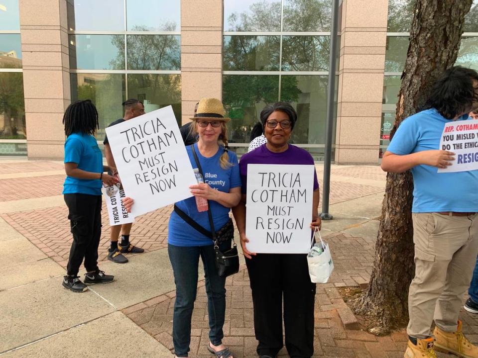 Gaston County Democrats Pam Morgenstern (left) and Minerva Hardy visited Charlotte for a rally calling for the resignation of Rep. Tricia Cotham.