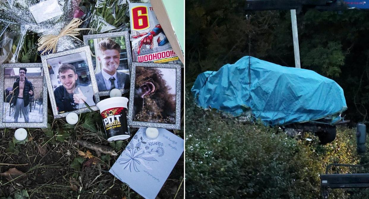 Tributes left at the scene with the car, right, being recovered. (SWNS)