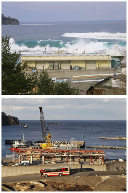 A combination photograph shows the same location in a fishing port in Miyako, Iwate Prefecture, northeastern Japan on two different dates, March 11, 2011 (top) and February 16, 2012 (bottom). The top photograph shows a wave crashing into the port after the magnitude 9.0 earthquake and tsunami, the bottom photograph shows the same location almost a year later. REUTERS/Miyako City Office/Handout (top) and Toru Hanai